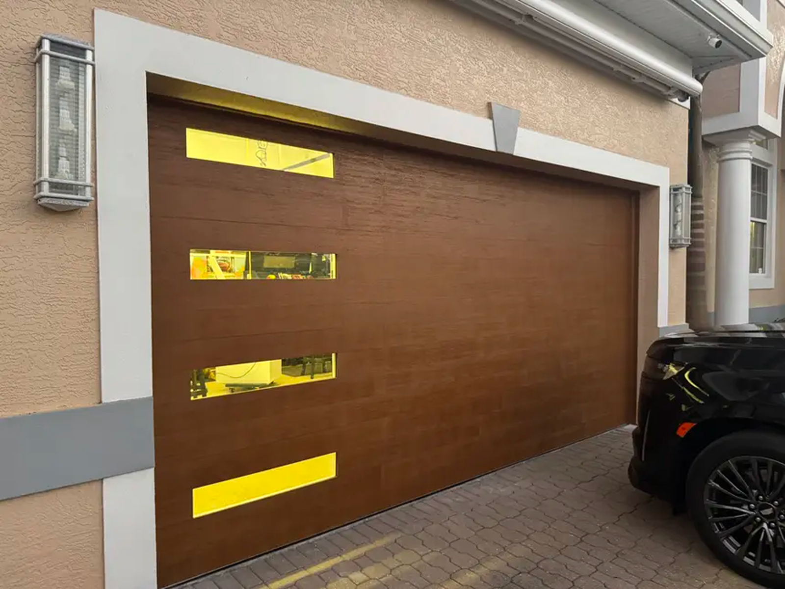 a new brown garage door