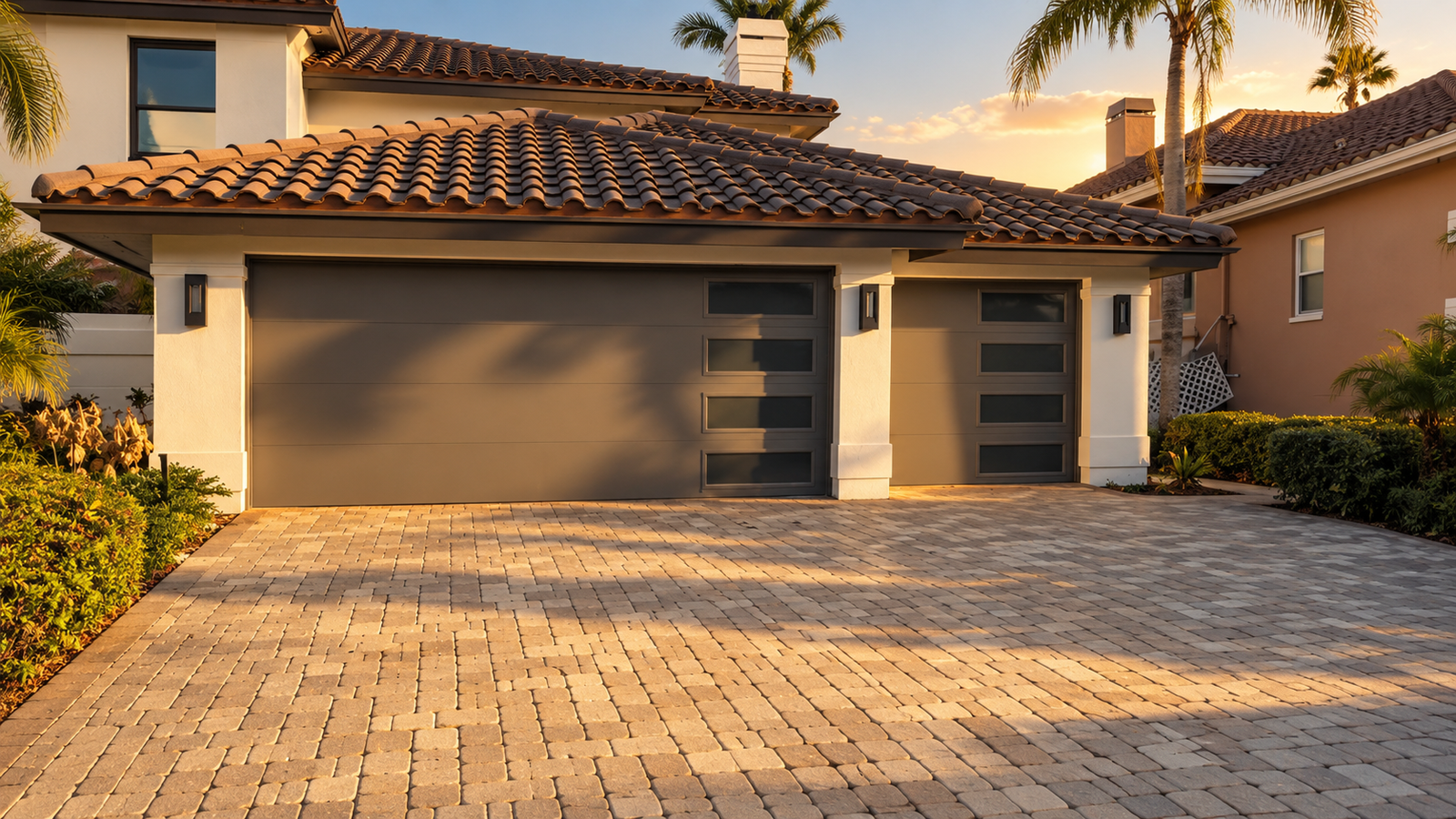 Garage door on a tile-roofed home