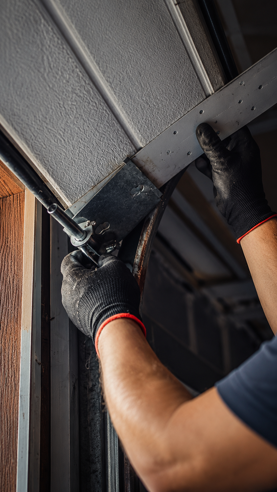 Garage door hardware being repaired