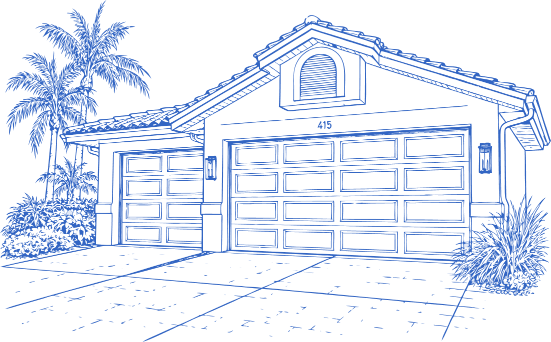 A frontal view of a garage door